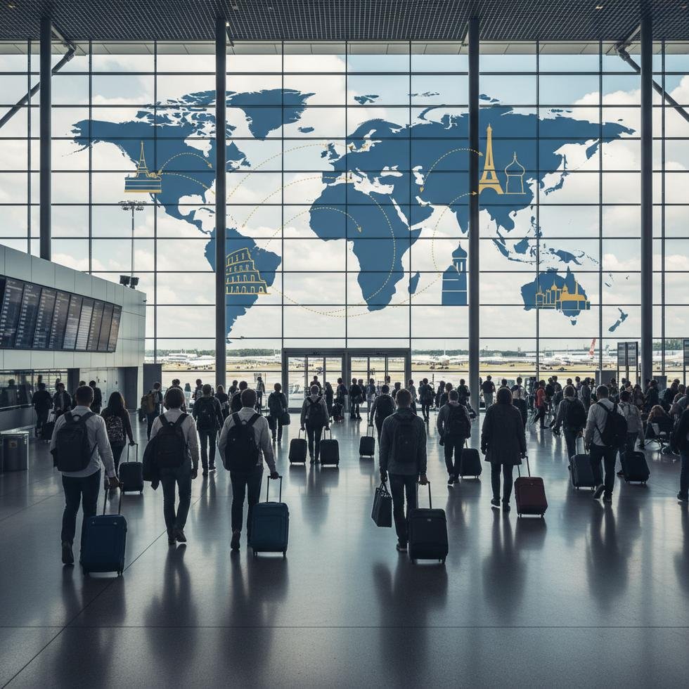 Busy airport scene with travelers and suitcases