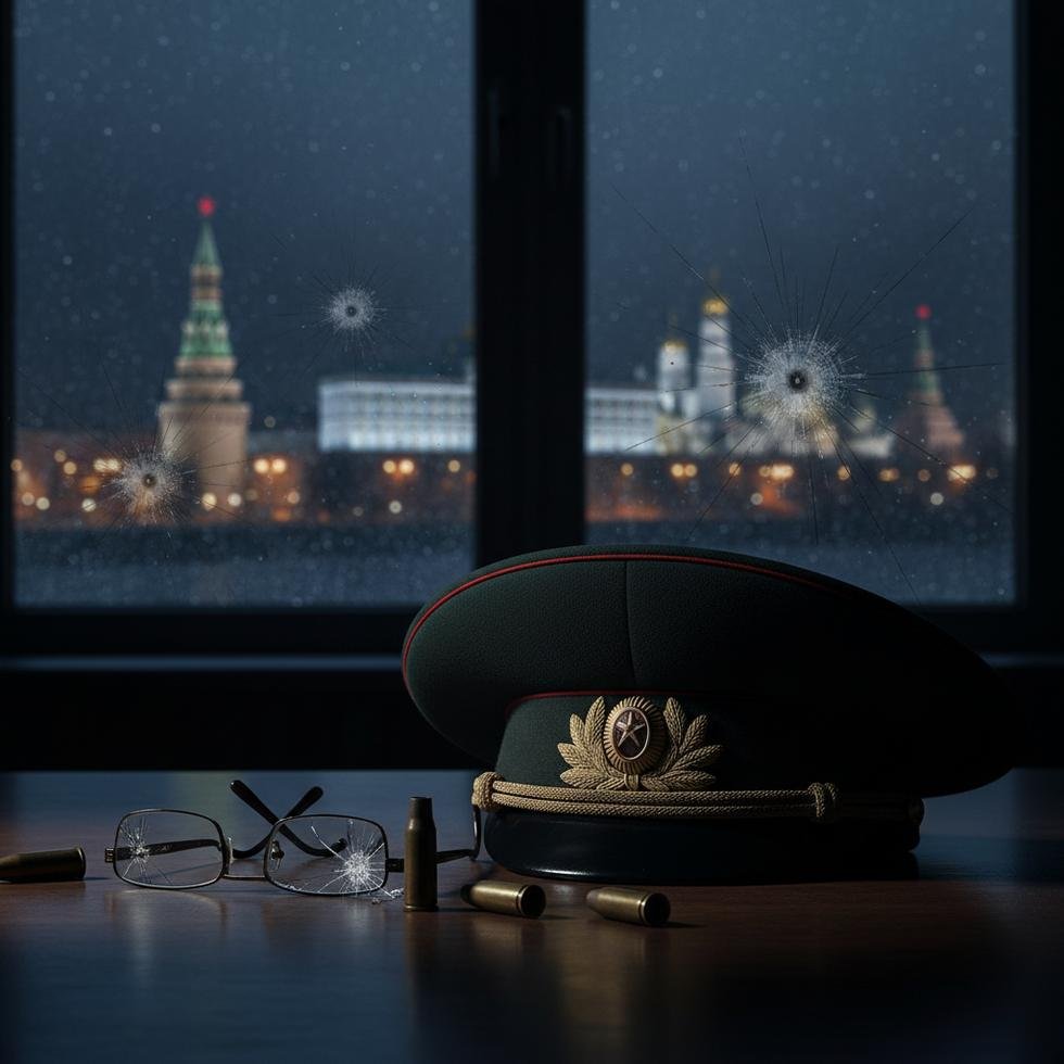 Russian military general portrait with Moscow cityscape background