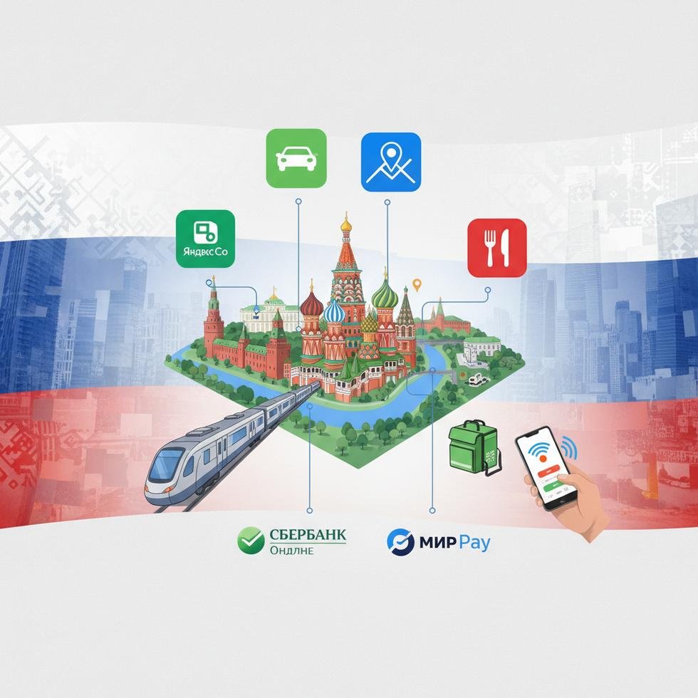 Rusya'da yaşam için ulaşım, teslimat ve ödeme uygulamalarını gösteren ekran görüntüsü