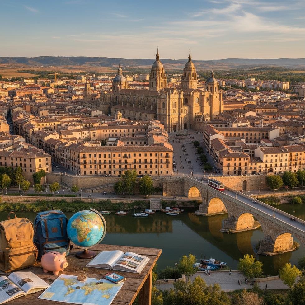 Salamanca şehrinin tarihi binaları ve Plaza Mayor meydanı