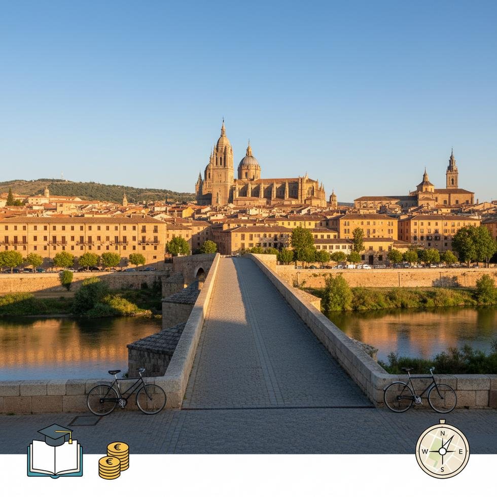 Salamanca şehir merkezinde tarihi binalar ve Plaza Mayor görüntüsü