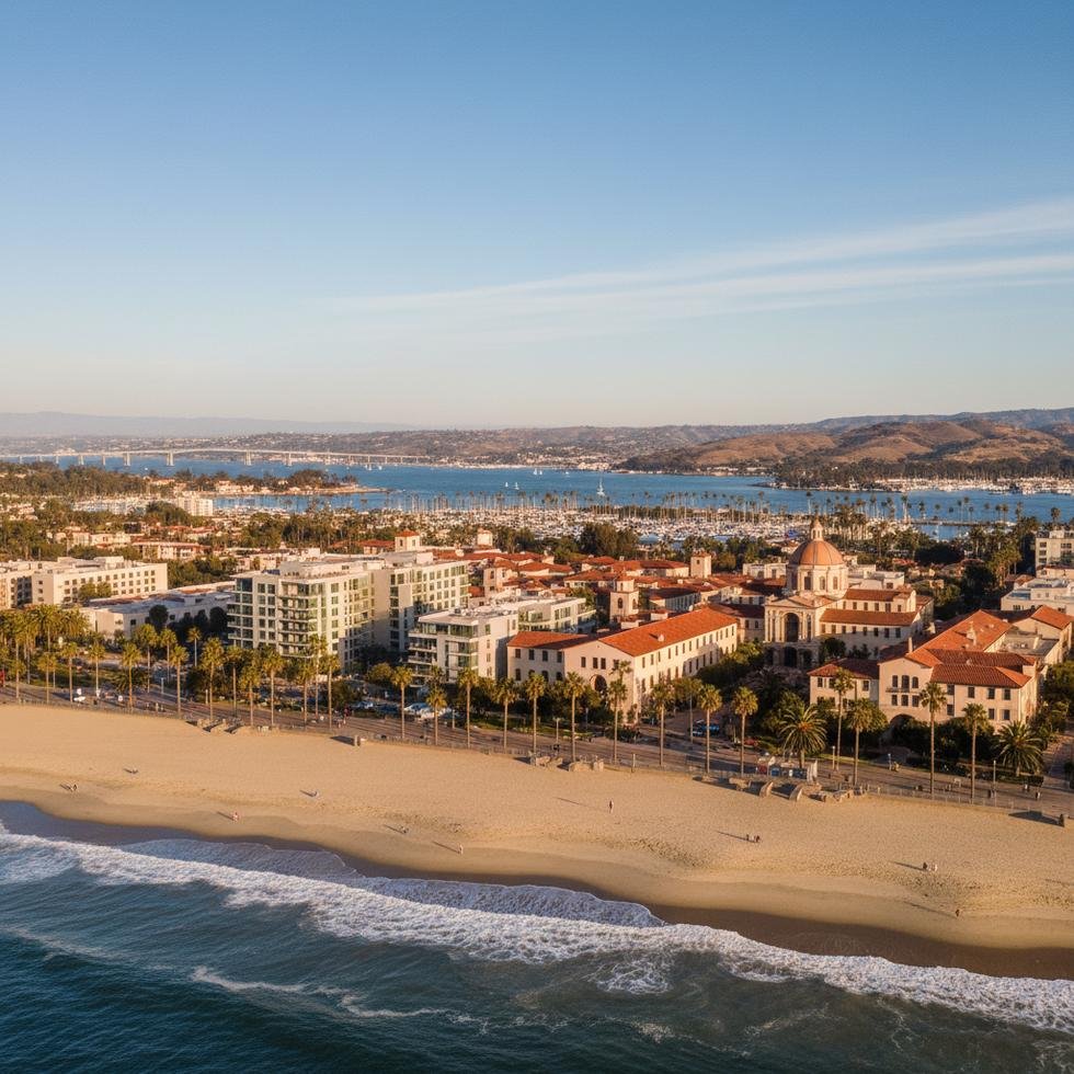 San Diego sahilinde yürüyen insanlar ve arka planda şehir manzarası