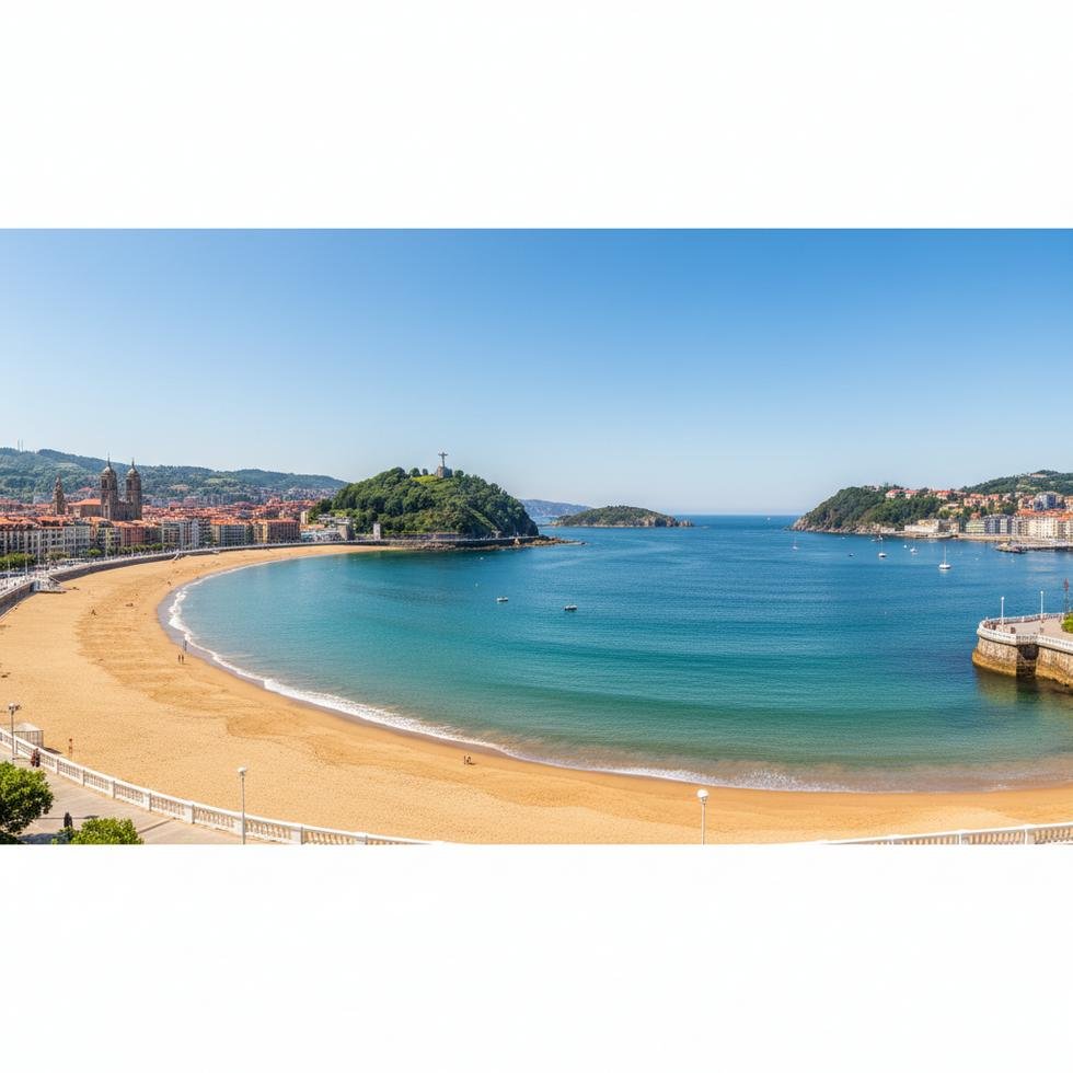San Sebastián şehrinin La Concha koyu ve kumsalı manzarası