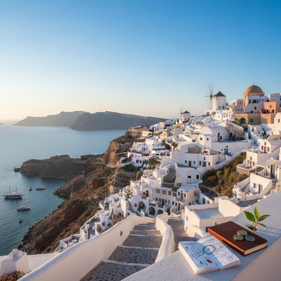 Santorini ada manzarası ve gün batımı