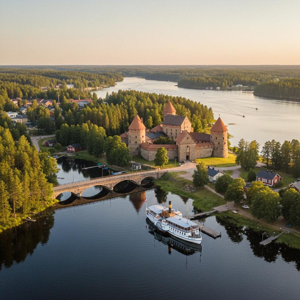 Savonlinna kalesi ve çevresinde doğal göller manzarası