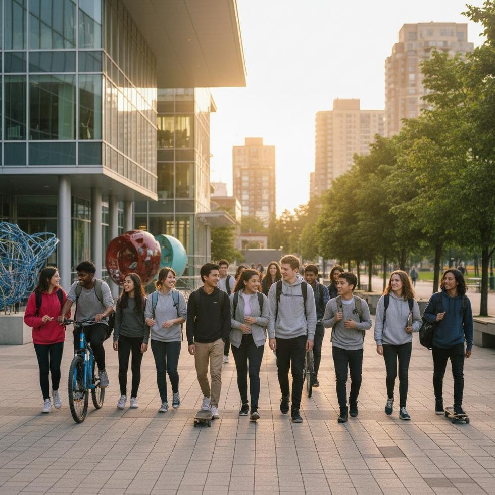 Students in casual school attire walking outside a modern school building