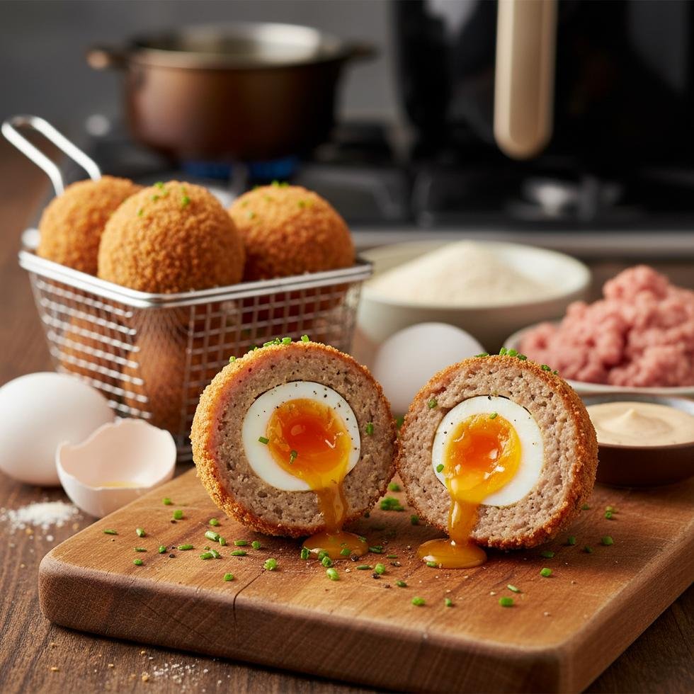 Scotch egg kızarmış ve dilimlenmiş olarak servis tabağında