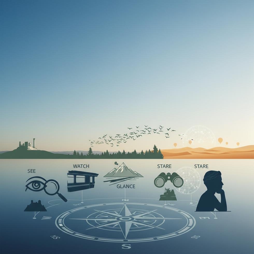 See, watch, glance, stare ve gaze kelimelerinin doğru kullanımı hakkında rehber görseli