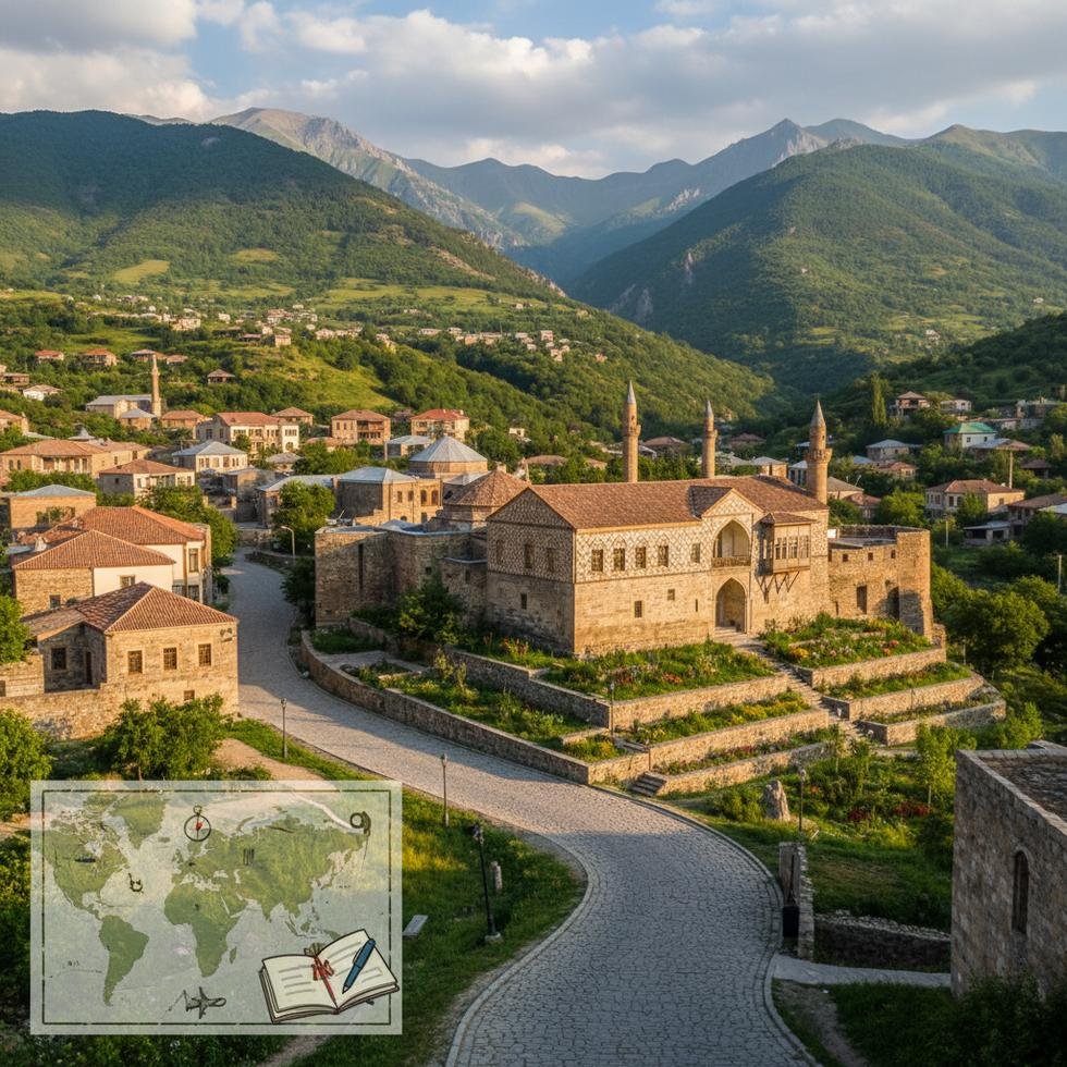 Şeki şehrinde tarihi Han Sarayı ve çevresi