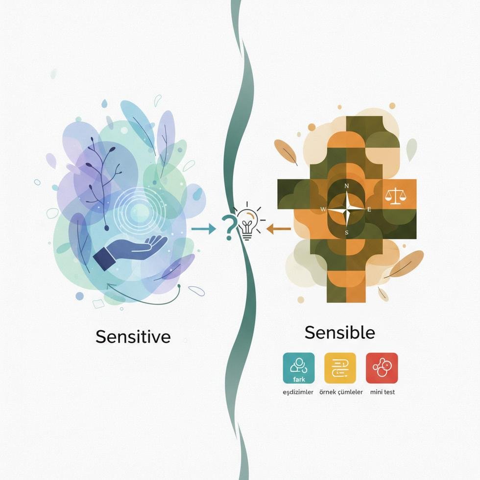 Sensitive ve sensible kelimelerinin anlam ve kullanım farklarını gösteren tablo