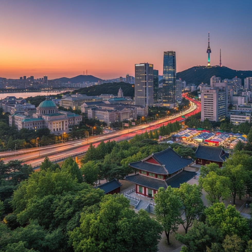 Seul şehrinin panoramik manzarası ve kültürel öğeleri