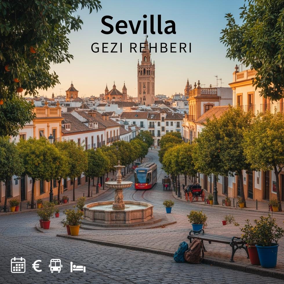 Sevilla kentinde tarihi yapı ve yeşil alan manzarası