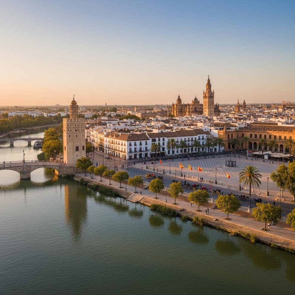 Sevilla şehrinden panoramik bir görünüm, tarihi yapılar ve güneşli hava