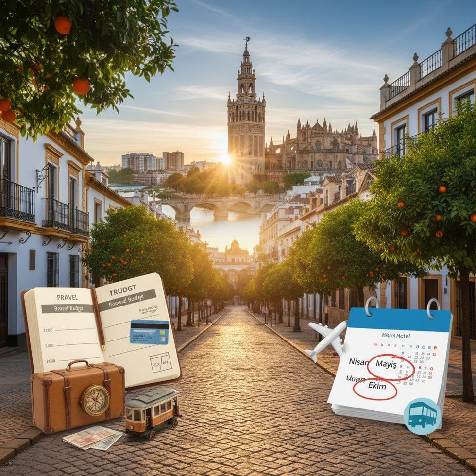 Sevilla şehrinde tarihi yapı ve güneşli sokaklar