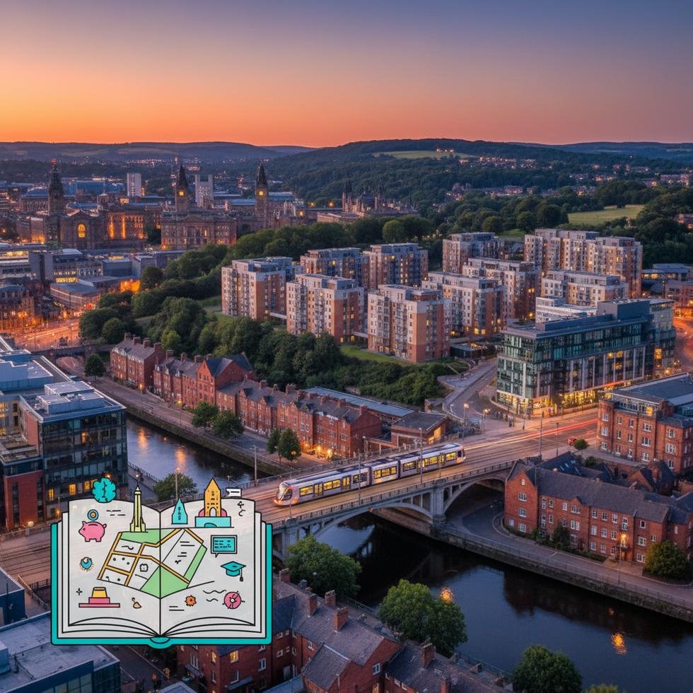 Sheffield şehir merkezinde tramvay ve yaya yolu