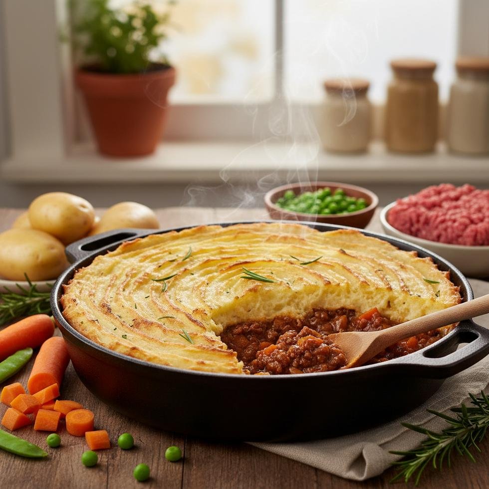 Fırında altın rengi kabuklu Shepherd’s Pie