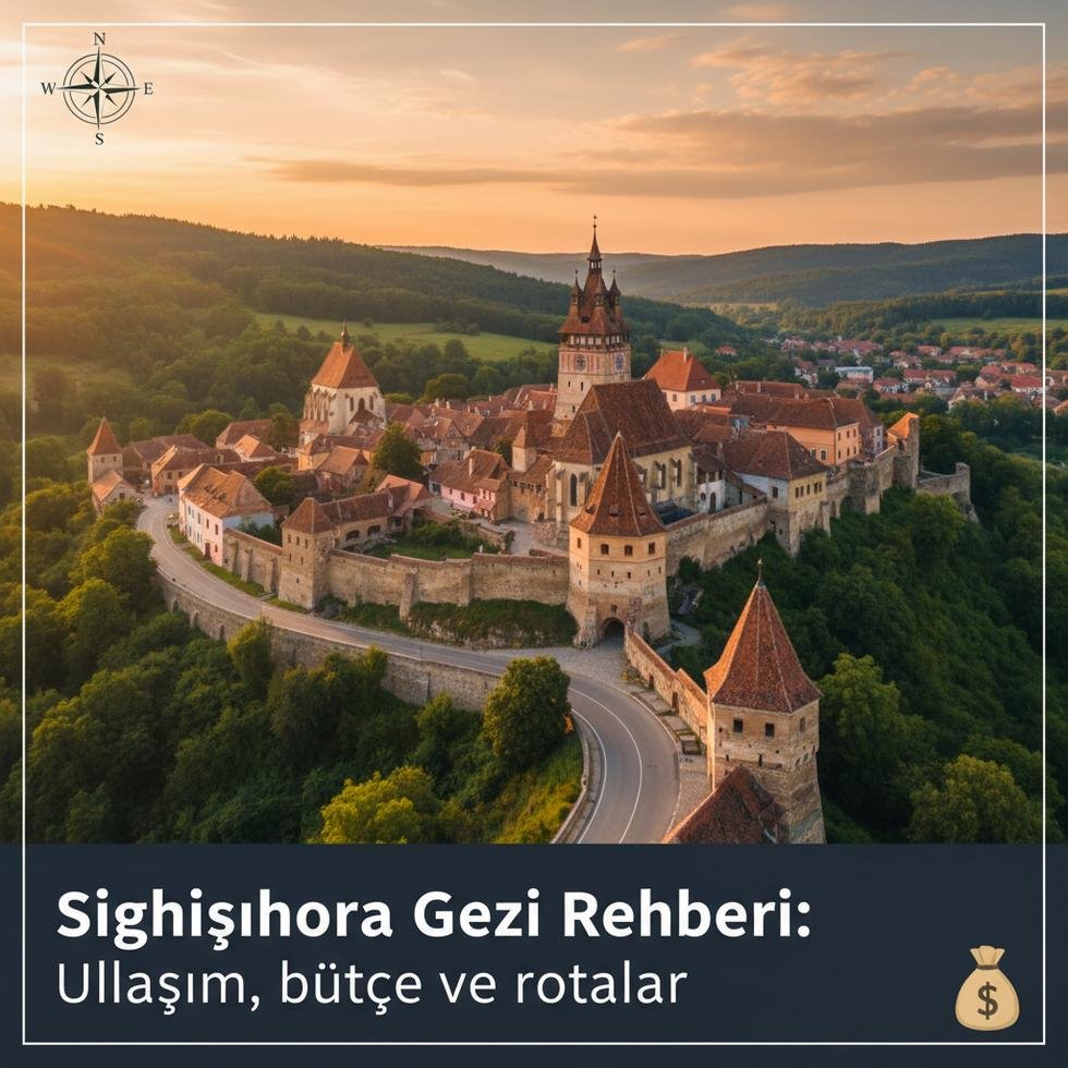 Sighişoara tarihi şehir merkezi ve Saat Kulesi görünümü