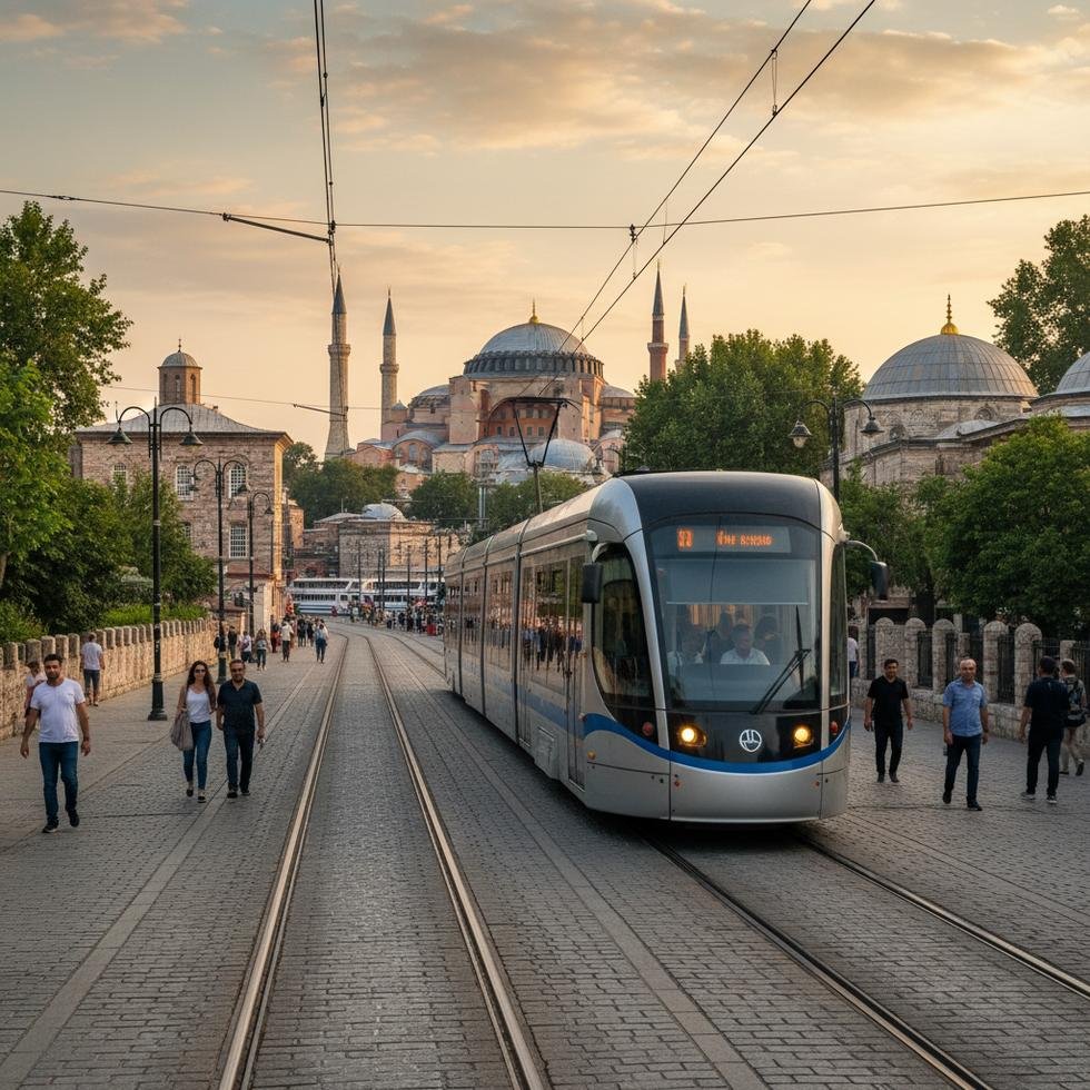 İstanbul'da tarihi bir merkezde geçen modern tramvay
