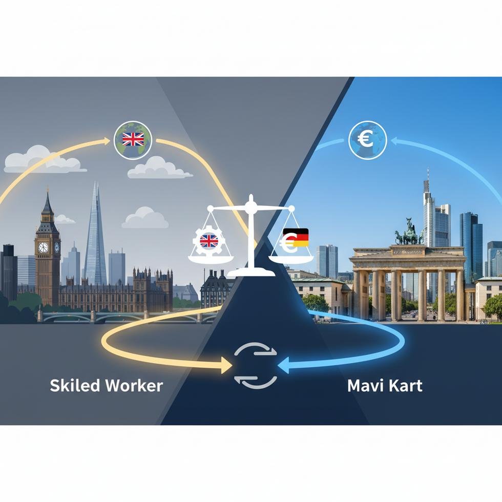 İngiltere Skilled Worker ve Almanya Mavi Kart vize türlerini karşılaştıran tablo