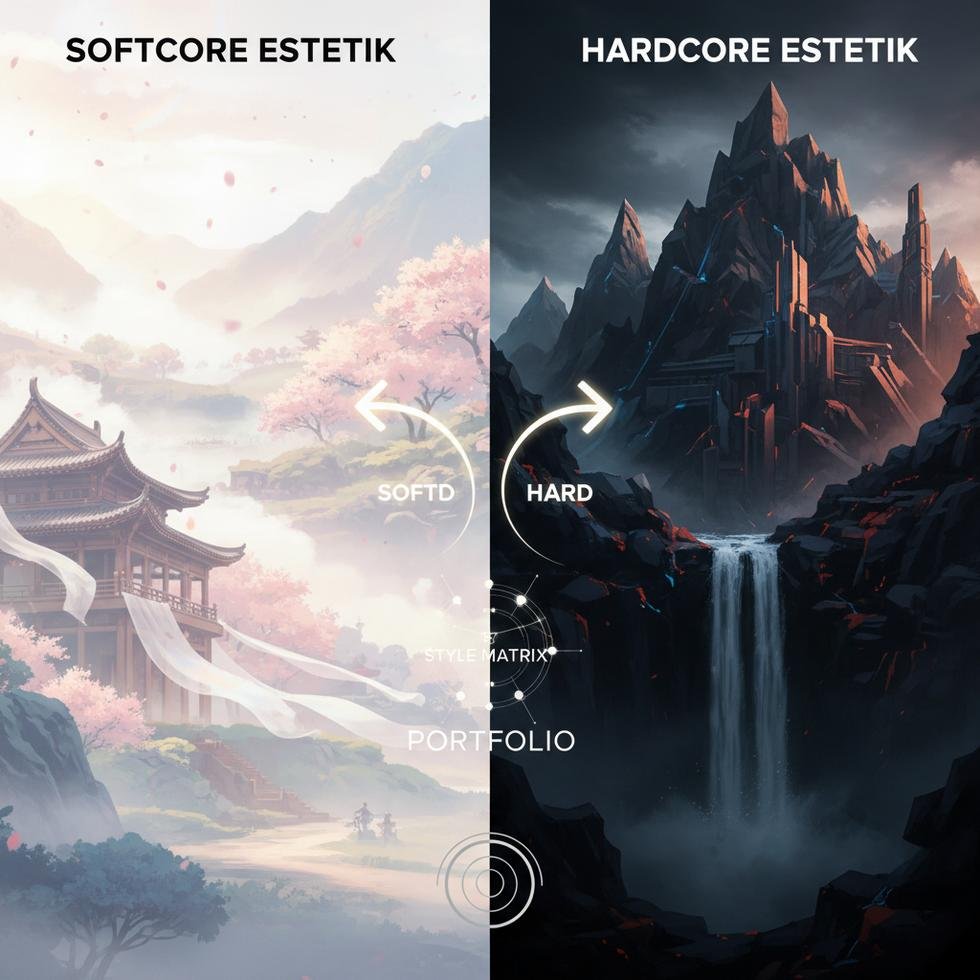 Softcore ve hardcore estetik tonların karşılaştırılması, yumuşak ve sert renk paletleri ve tipografi örnekleri