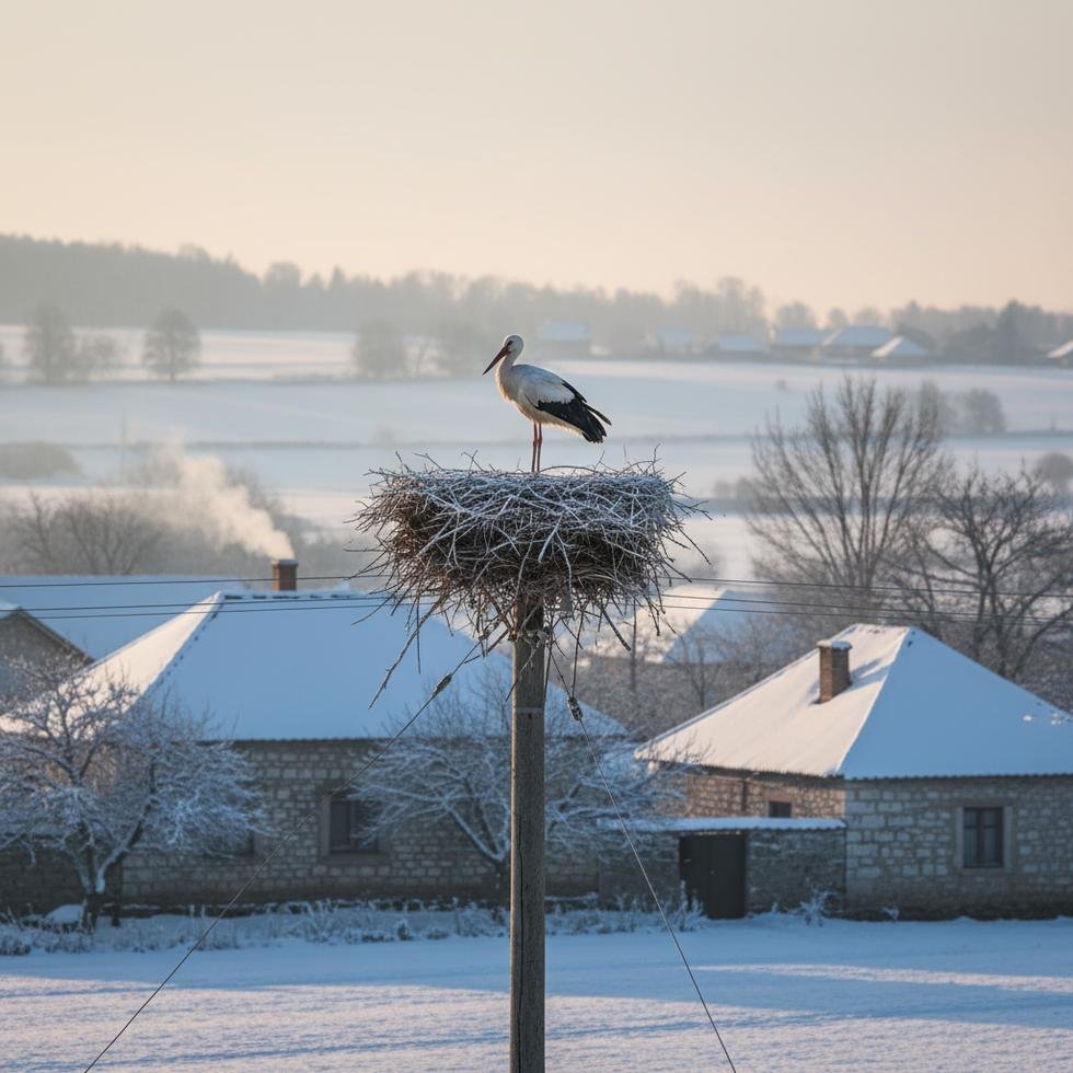Kış mevsiminde elektrik direğinde yuva yapmış leylek