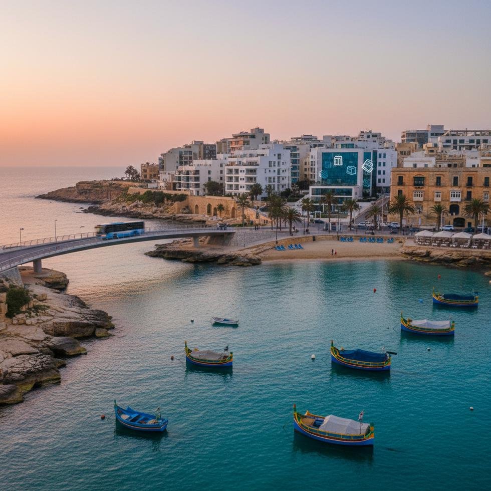 Malta St. Julian’s şehrinde sahil manzarası ve şehir görüntüsü