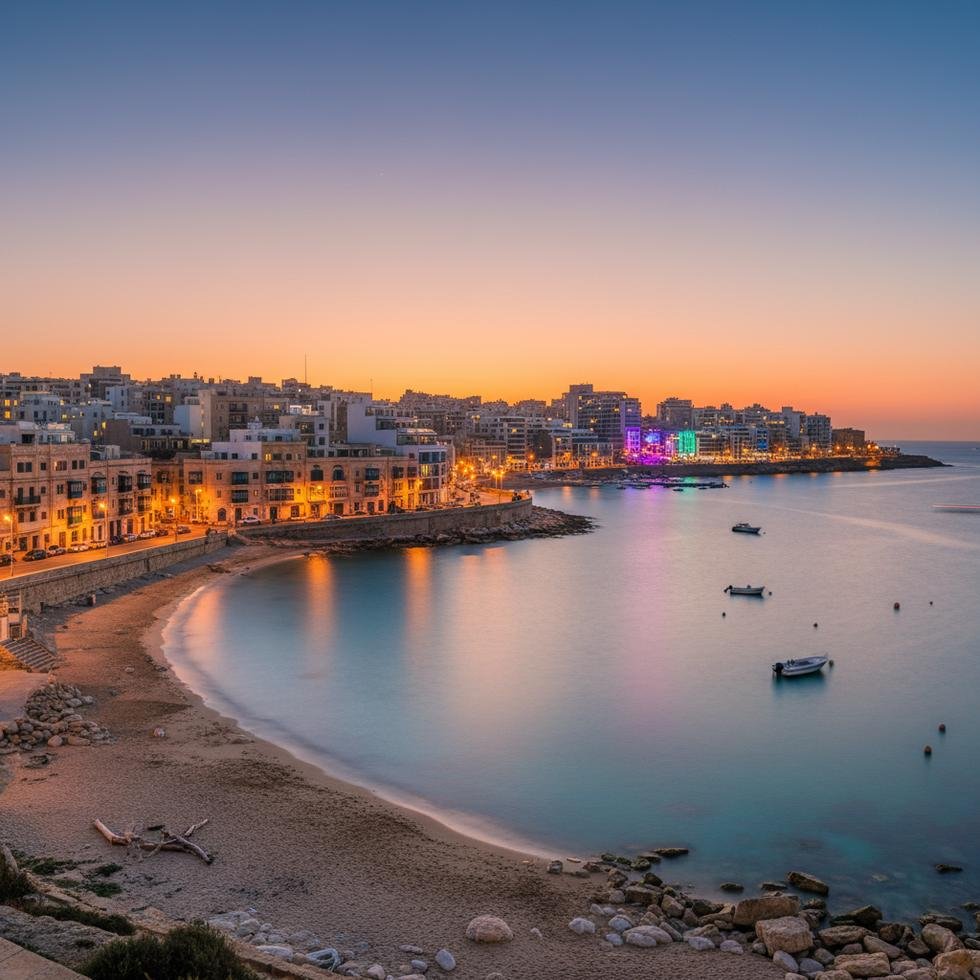 St. Julian’s Malta sahilinde romantik plajlar ve gece manzarası