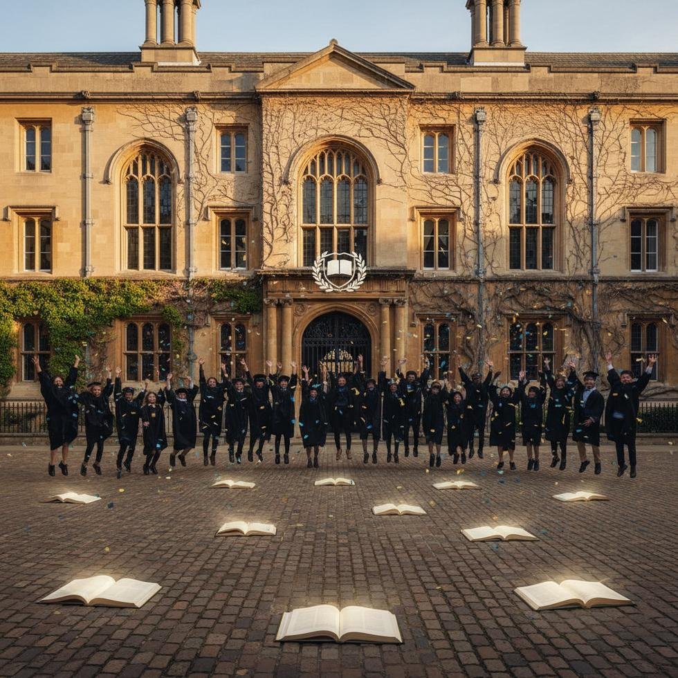 Students celebrating their university acceptance offers in front of a historic university building