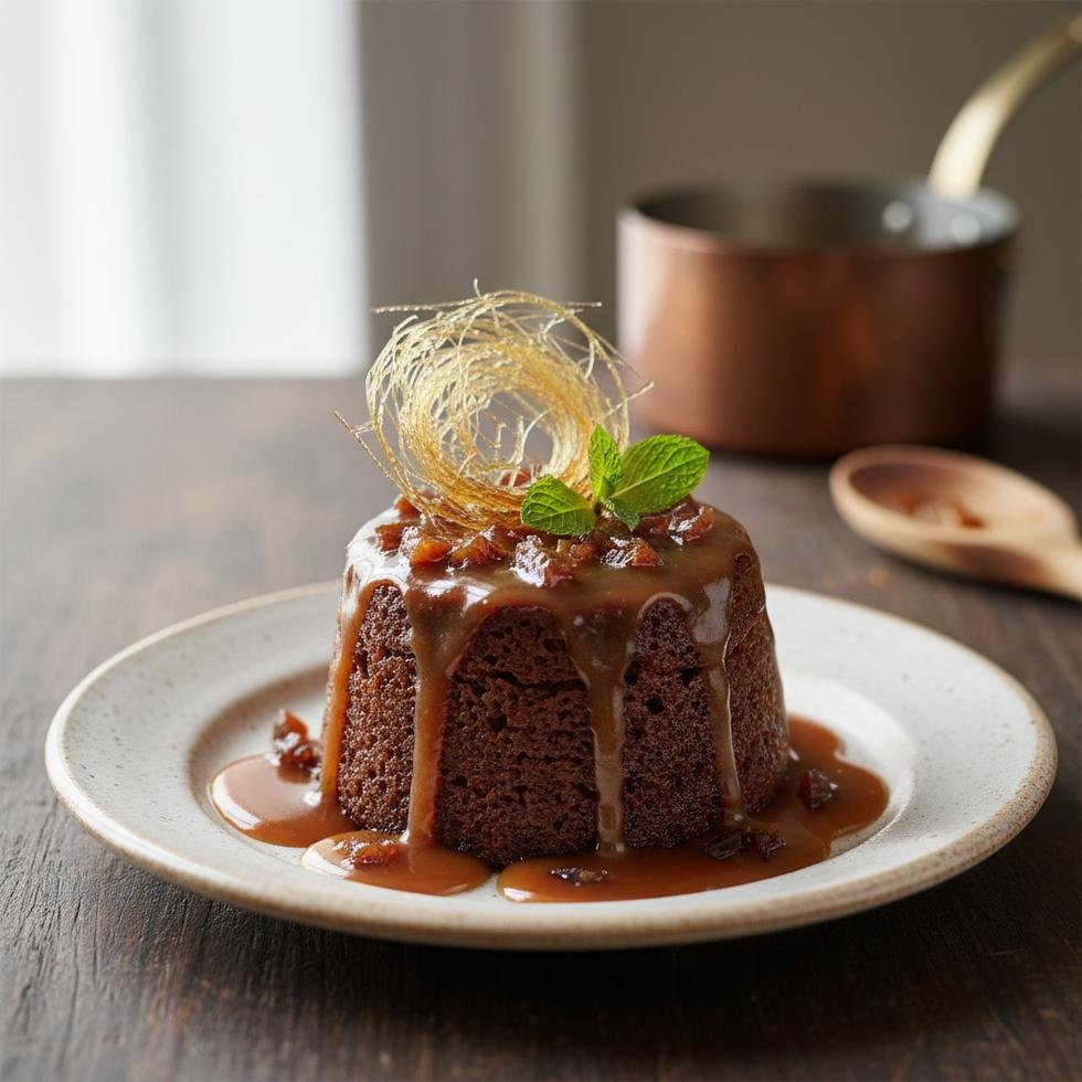 Sticky Toffee Pudding karamelli İngiliz tatlısı dilimlenmiş şekilde