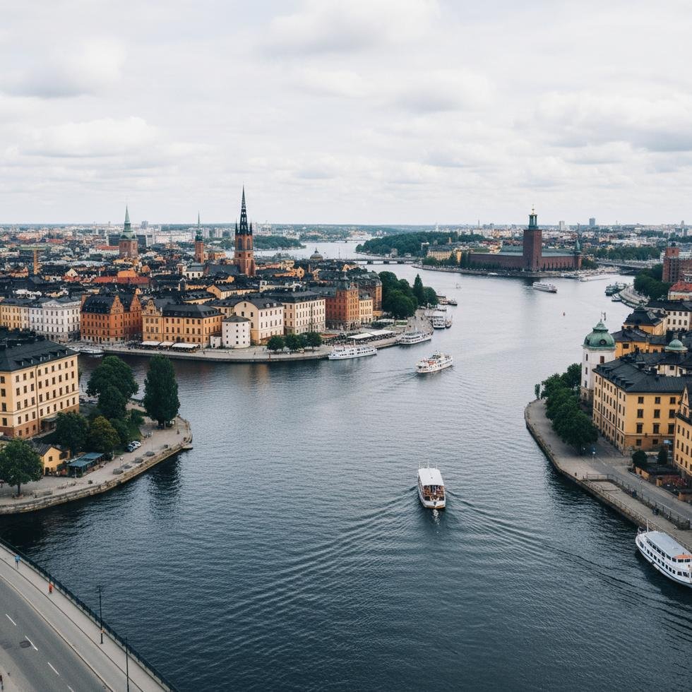 Stockholm şehrinden genel görünüm ve su yolları
