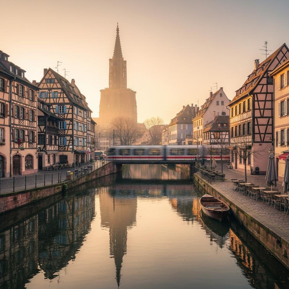 Strasbourg şehrinden tarihi binalar ve kanal manzarası