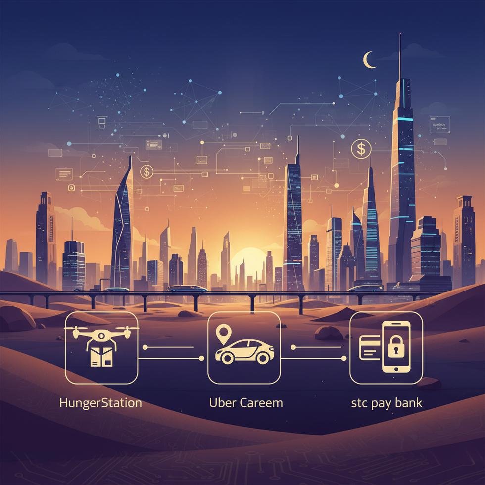 Suudi Arabistan’da kullanımda olan teslimat, ulaşım ve ödeme uygulamalarını gösteren görsel