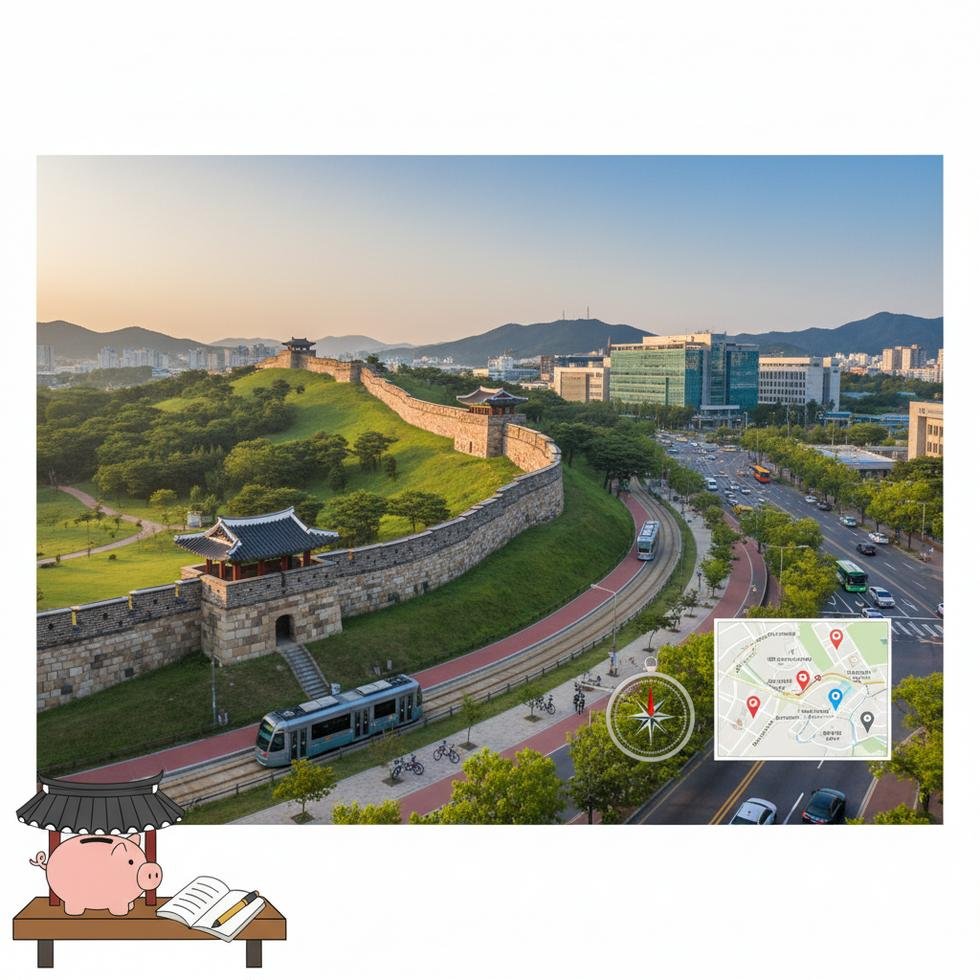 Suwon şehrinde Hwaseong Kalesi ve çevresi