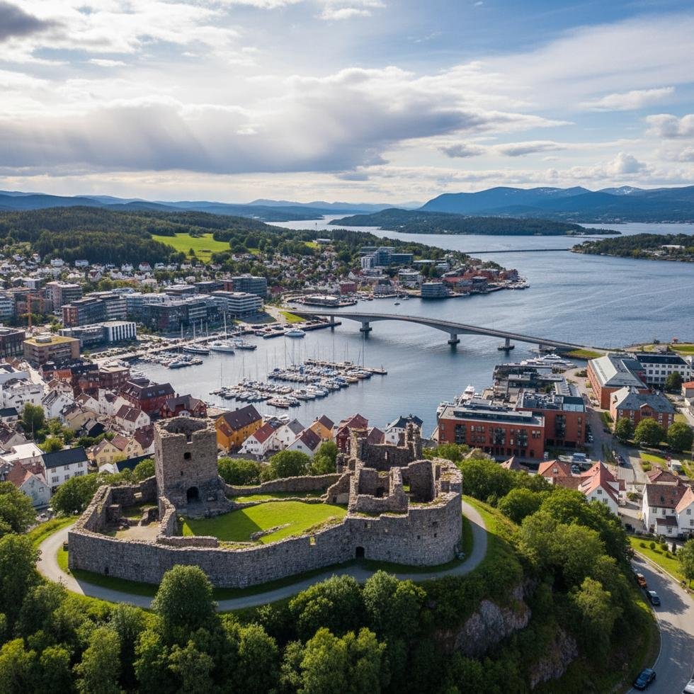 Tønsberg şehrinin sahil manzarası ve tarihi yapıları
