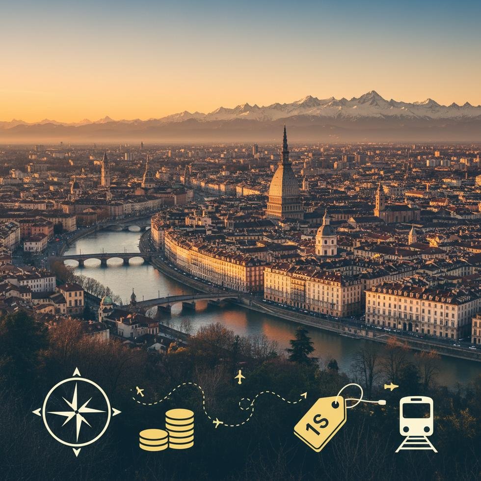 Torino şehrine ait tarihi meydan ve şehir manzarası