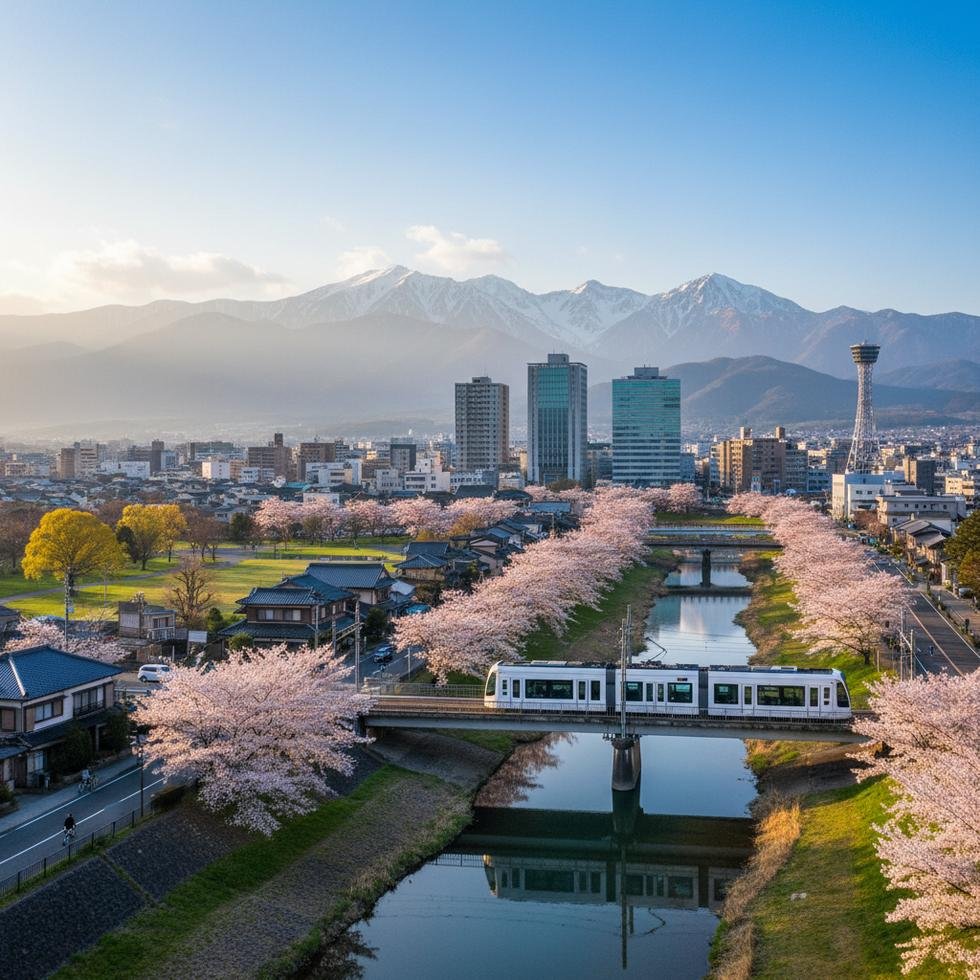 Toyama şehrinde doğa ve şehir manzaraları