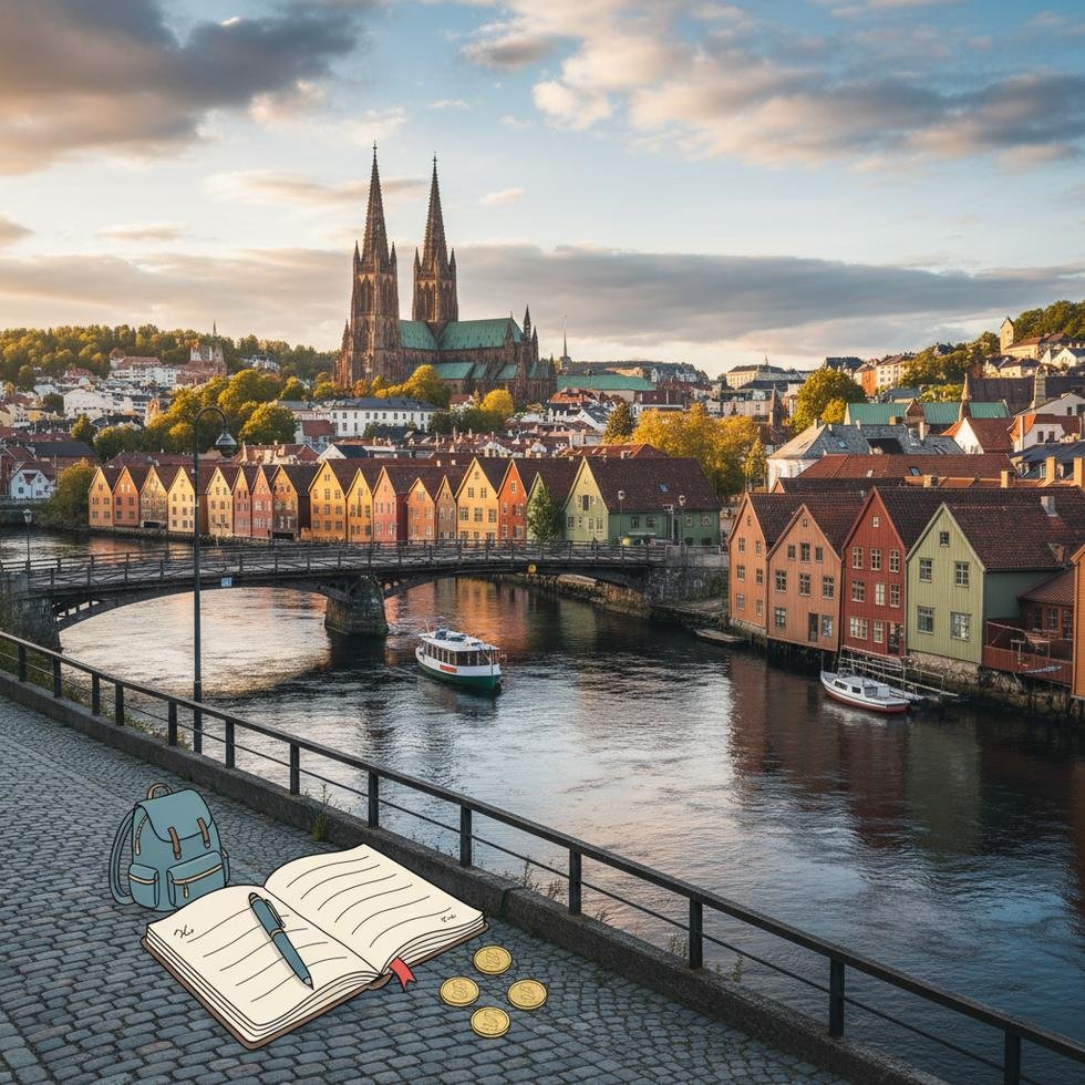 Trondheim şehrinden genel bir görünüm ve Nidaros Katedrali