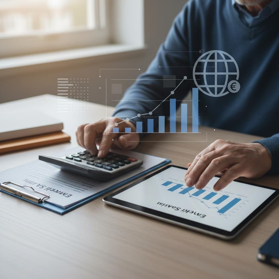 Emeklilik belgeleri ile çalışan yaşlı kişi