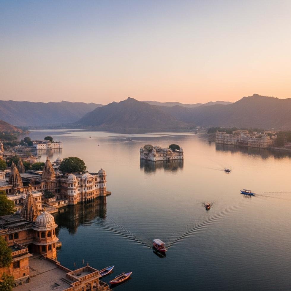 Udaipur şehri göller ve saraylarla çevrili tarihi görünüm