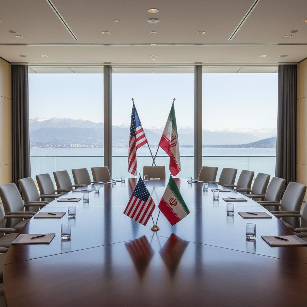 US and Iran flags at a diplomatic conference in Geneva