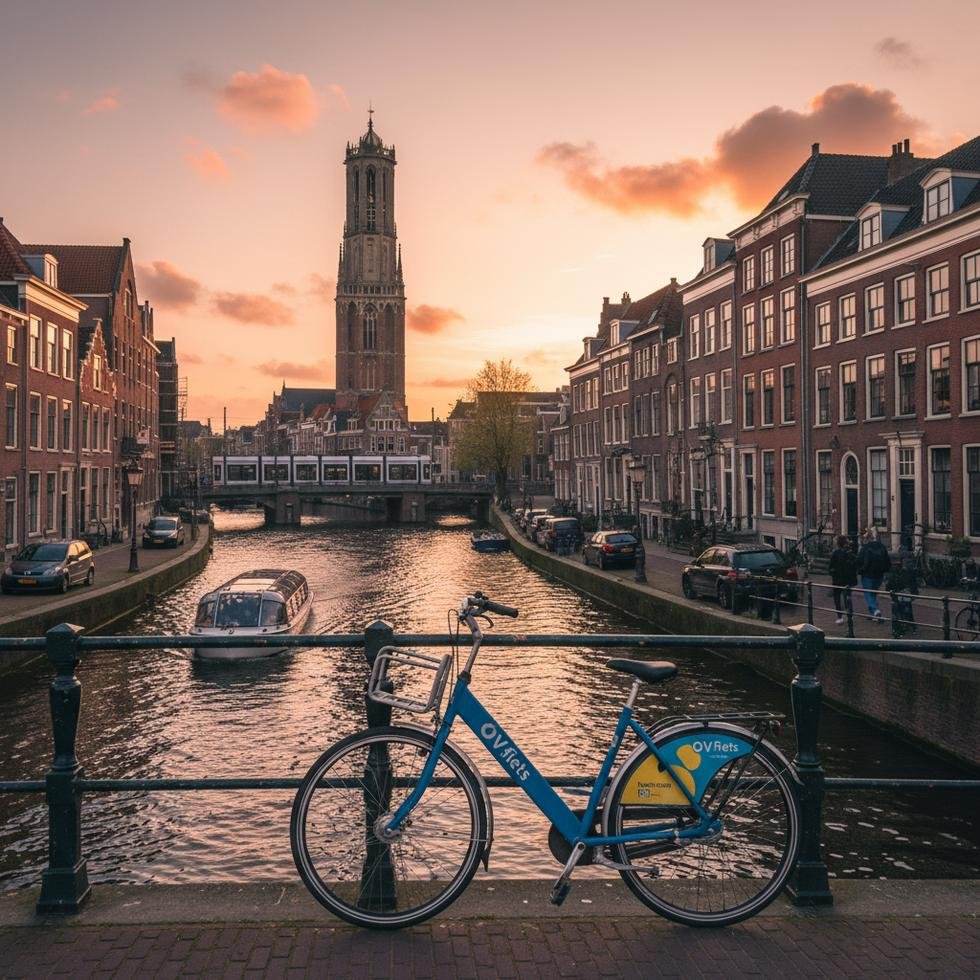 Utrecht şehrinde kanallar ve Dom Kulesi manzarası