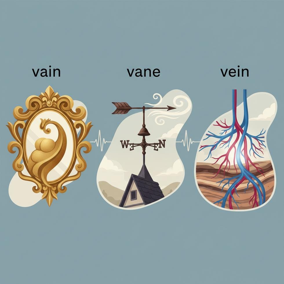 İngilizce vain, vane ve vein kelimelerinin farklarını anlatan eğitim görseli