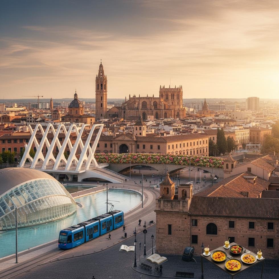 Valencia şehrinin Bilim ve Sanat Şehri ve Turia Nehri parkı manzarası