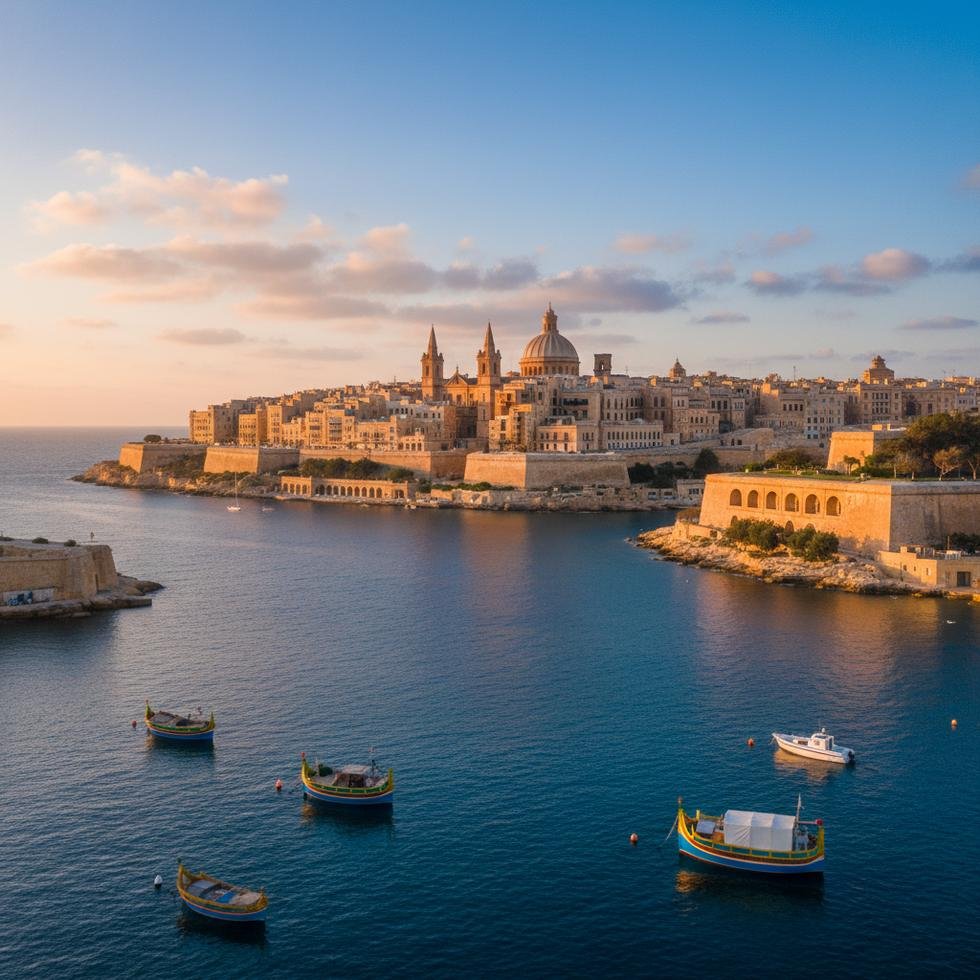Valletta şehir manzarası ve tarihi yapıların genel görünümü
