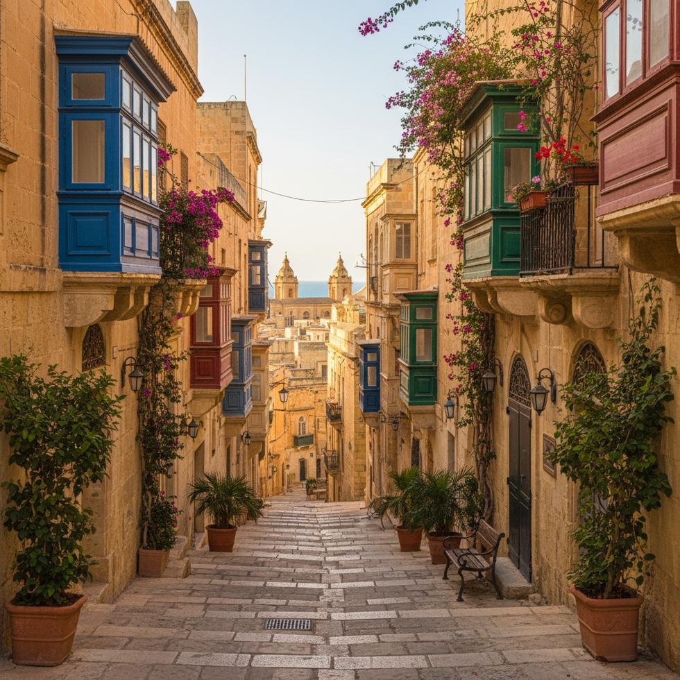 Valletta’nın tarihi dar sokaklarından romantik bir görüntü