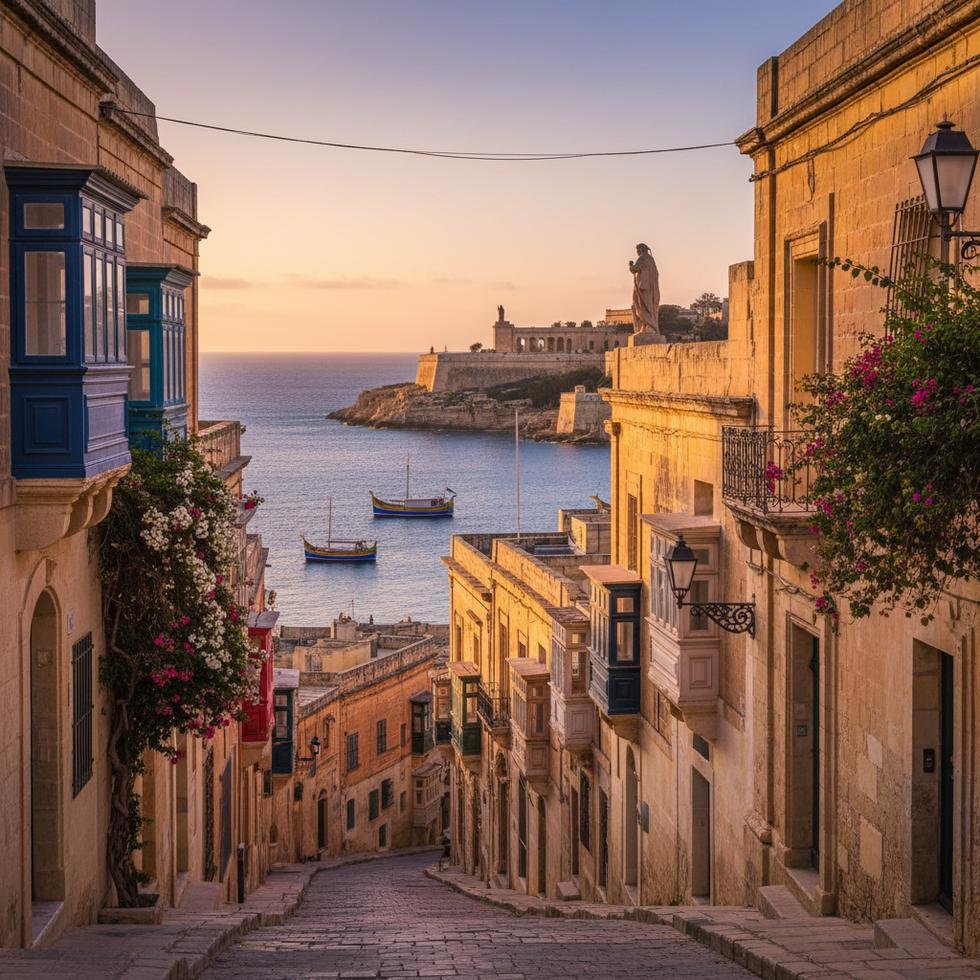Valletta şehrinde romantik bir dil okulu ortamı ve deniz manzarası