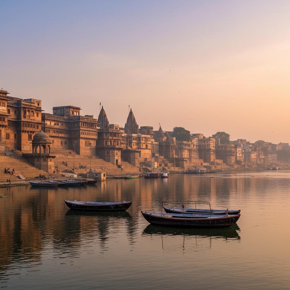 Varanasi kentinde Ganj Nehri kıyısında gün doğumu manzarası