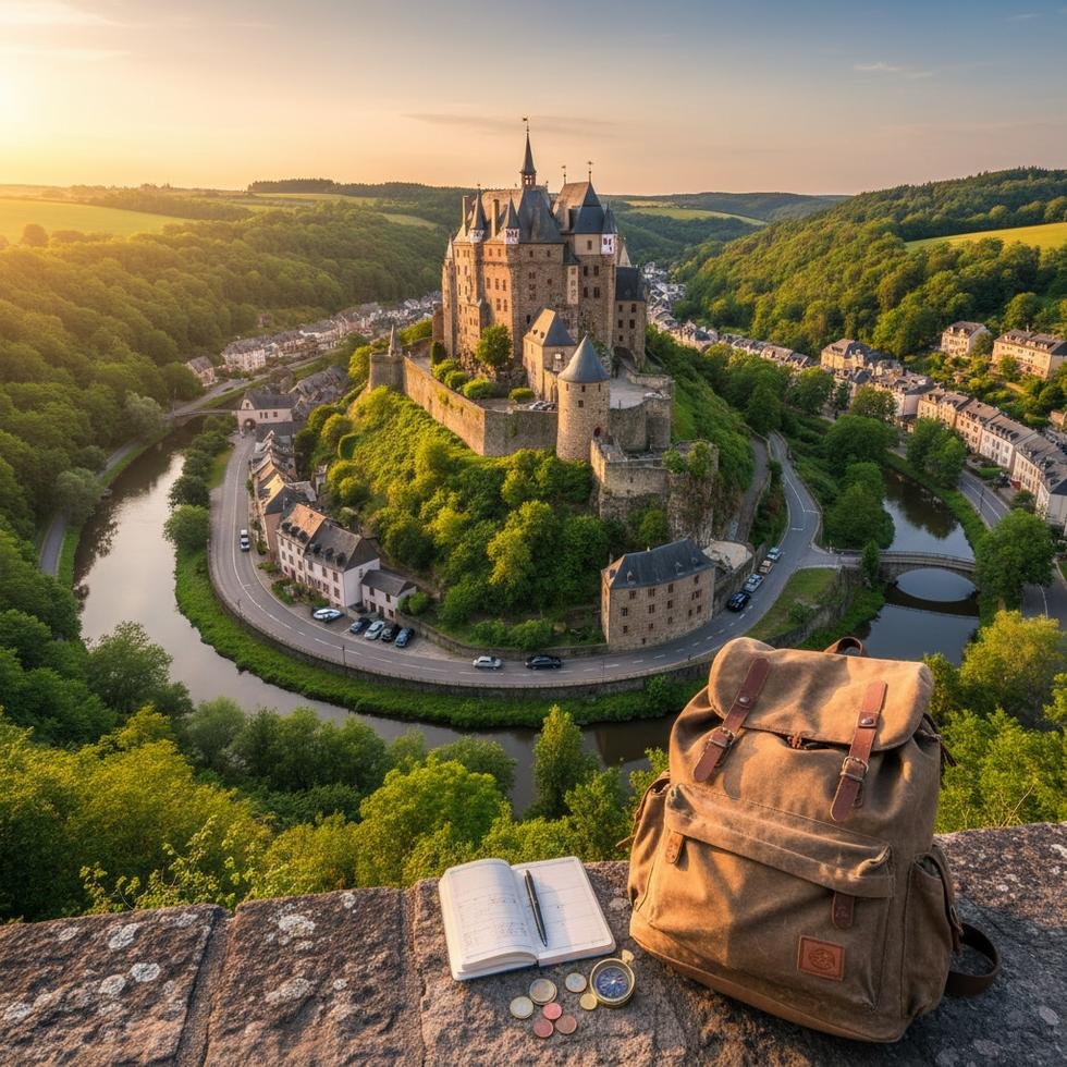 Lüksemburg Vianden şatosu ve Our Vadisi manzarası