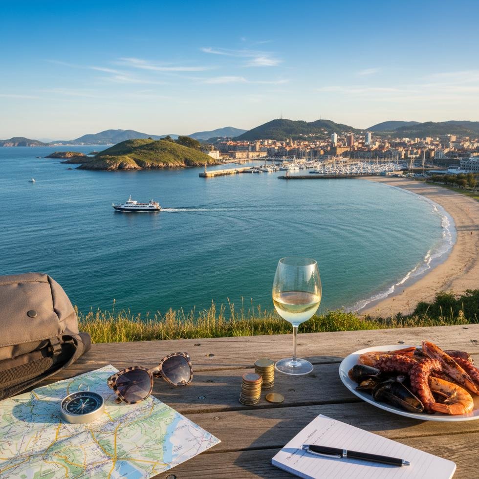 Vigo şehrinden Cíes Adaları manzarası ve plaj görüntüsü