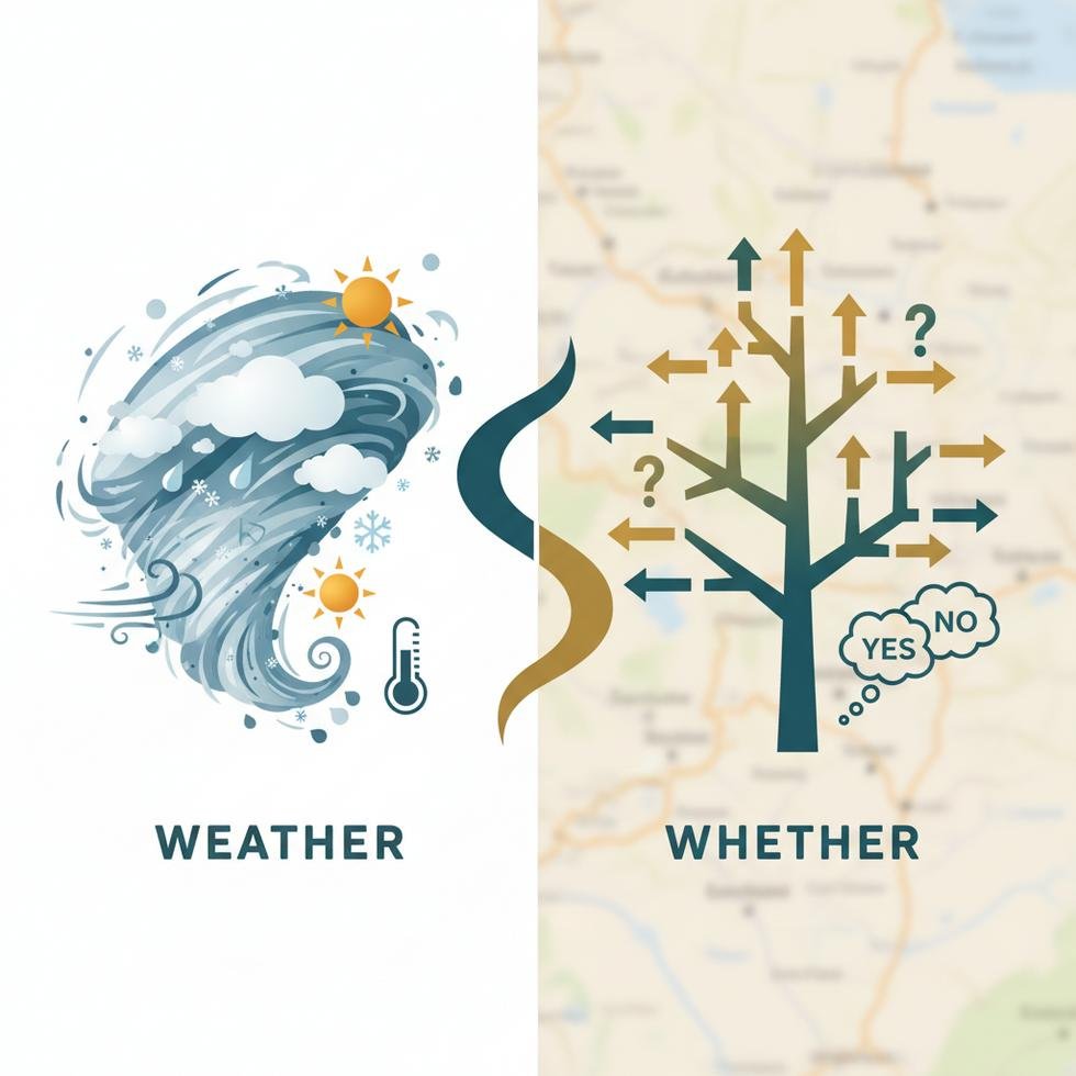 Weather ve Whether kelimelerinin İngilizce kullanım farklarını açıklayan yazı görseli